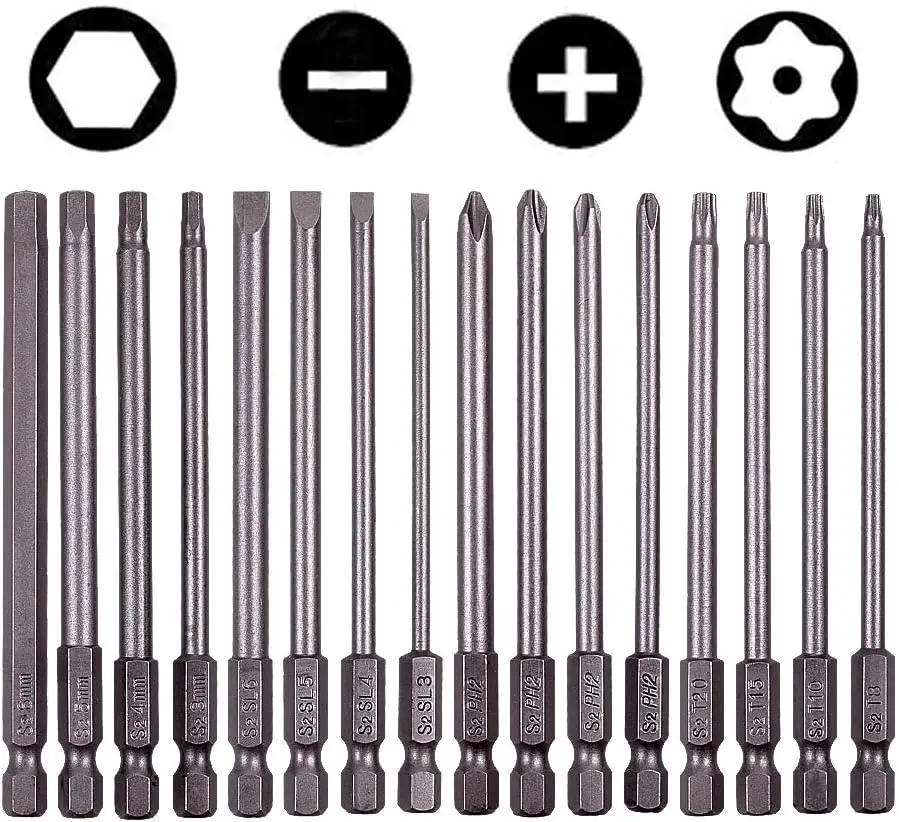 16-Piece Extended Shaft S2 Steel Screwdriver Bit Set, 4-in Magnetic Tips, 1/4-in Hex Shank, Multi-Type for Impact Drivers, Cordless Drills, Bicycles, Furniture Assembly & Home Repair