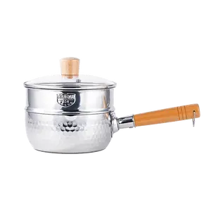 Yanosaku Japanese Hammered Stainless Steel Saucepan 18cm with Steamer Insert for One-Person Cooking Compatible with Gas and Induction
