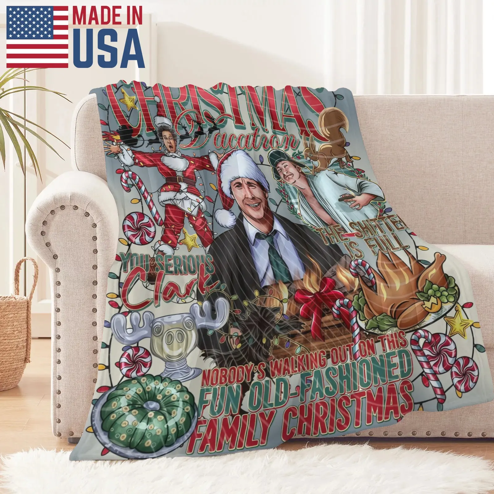 Vintage Holiday Christmas Movie Illustration Fleece Throw Blanket - Classic Xmas Film Character Graphic Flannel for Sofa, Couch Home Decor & Retro Funny Themed Plush Accent