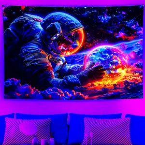 [UV Reactive Psychedelic Star Tapestry] Black Light Astronaut Tapestry Psychedelic Star Tapestry UV reactive Fantasy wall tapestry Psychedelic neon Galaxy Space tapestry Room wall hanging