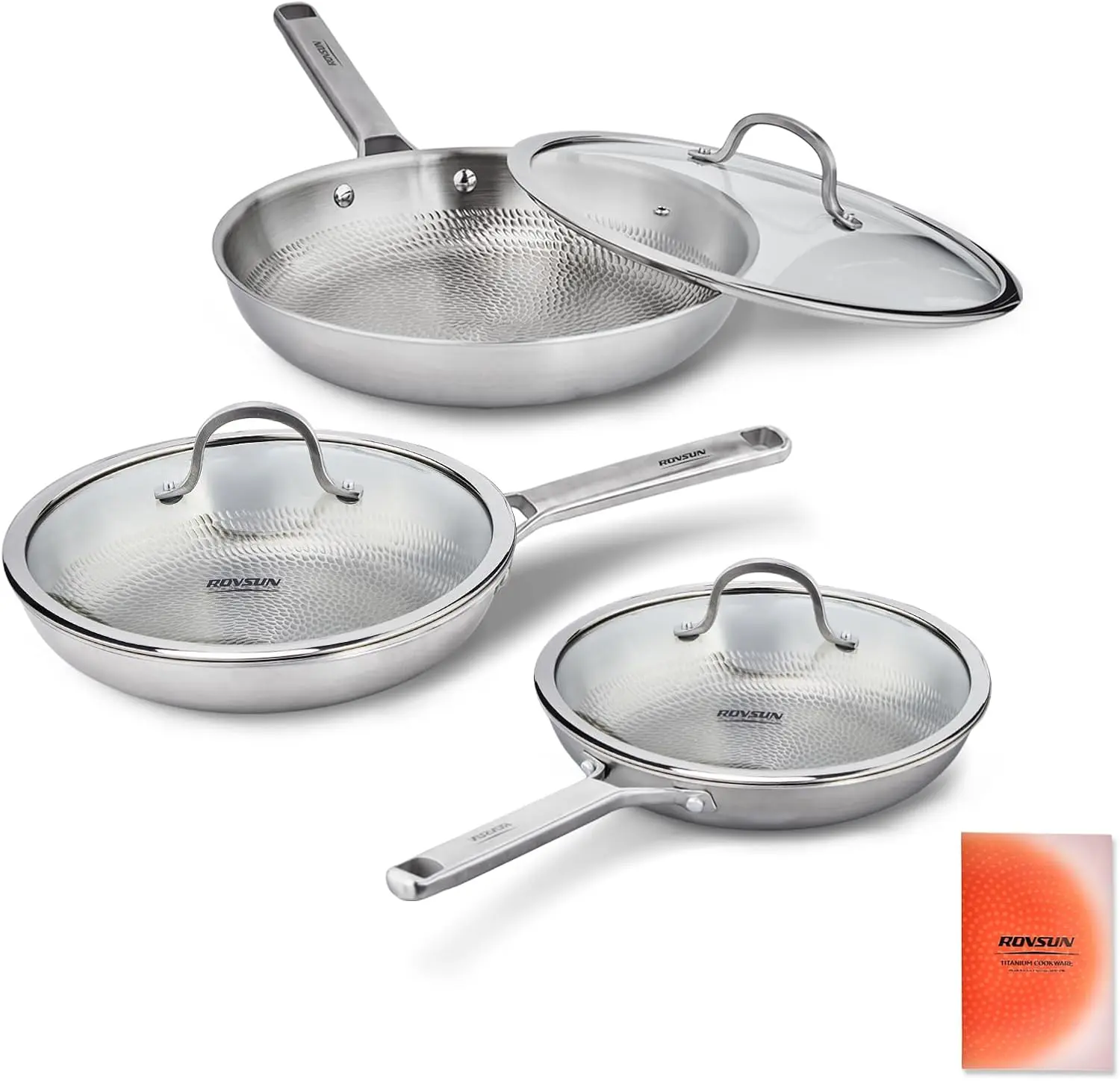 ROVSUN Titanium Pan Set, 8'' 10'' 12'' Hammered Frying Pan, Skillet with Lid for Cooking, Non-Toxic Kitchen Cookware, PFOA & PTFE Free, Oven & Dishwasher Safe, Compatible for All Cooktops