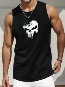 'Tank Top' Sleeveless Top Distressed Punisher Skull Graphic Print | Edgy Streetwear Menswear Aesthetic | Unisex OOTD Essential | TikTok Viral Y2K Casual Daily Wear Statement Top for Men Women 2026 Spring New Drop