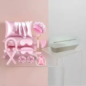 Heatless Hair Styling & Cable Storage Box Bundle, 1 Set Pink Polyester Hair Rollers with Face Massager and Pillowcase and 1 Cream Plastic Large Capacity Cord Organizer for Home Office, Heatless Curlers