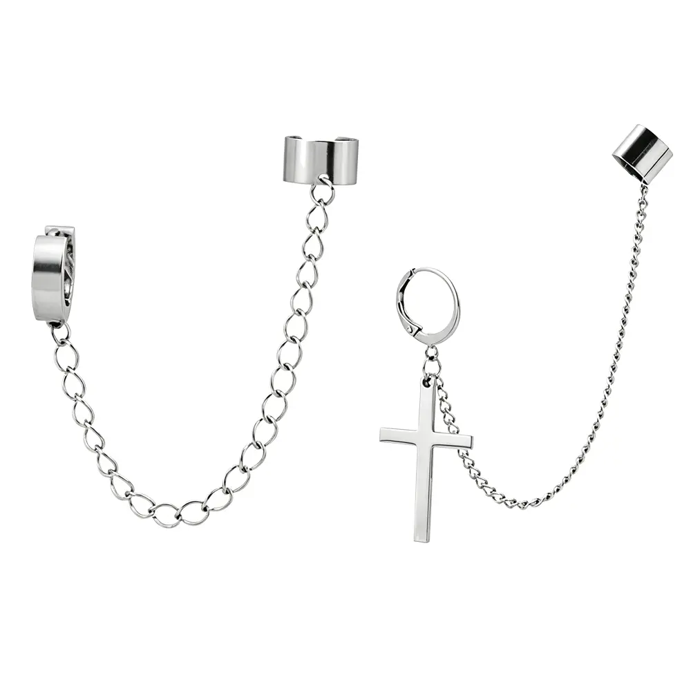 Jemant Cross Chain Ear Cuff Earrings Long Dangle Drop For Men Women Y2k Aesthetic Trendy Punk Fashion Goth Cool Cross Cuff Clip On Earrings for Sensitive Ears Stainless Steel Non Tarnish Waterproof Jewelry Everyday Minimal Style Outfit Mom Gift Ideas outd