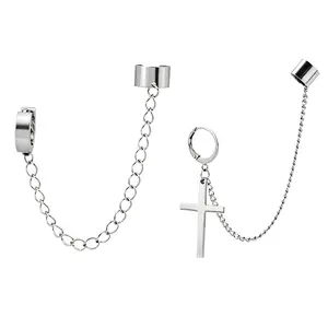 Jemant Cross Chain Ear Cuff Earrings Long Dangle Drop For Men Women Y2k Aesthetic Trendy Punk Fashion Goth Cool Cross Cuff Clip On Earrings for Sensitive Ears Stainless Steel Non Tarnish Waterproof Jewelry Everyday Minimal Style Outfit Mom Gift Ideas outd
