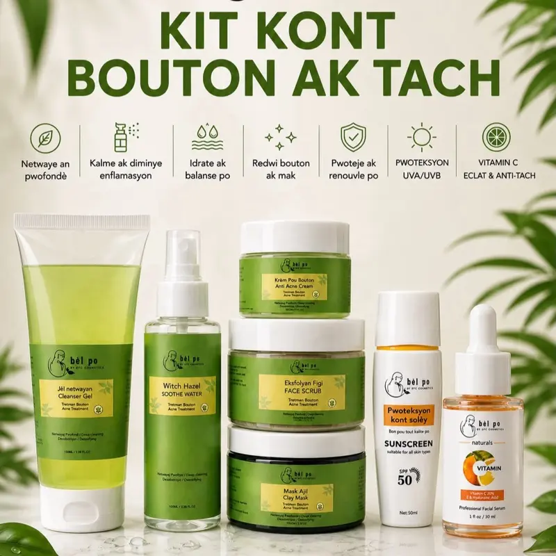 Set Kont Bouton & Dark Spot Treatment Kit - Gel Cleanser, Scrub , Toner , Clay Mask, Cream.