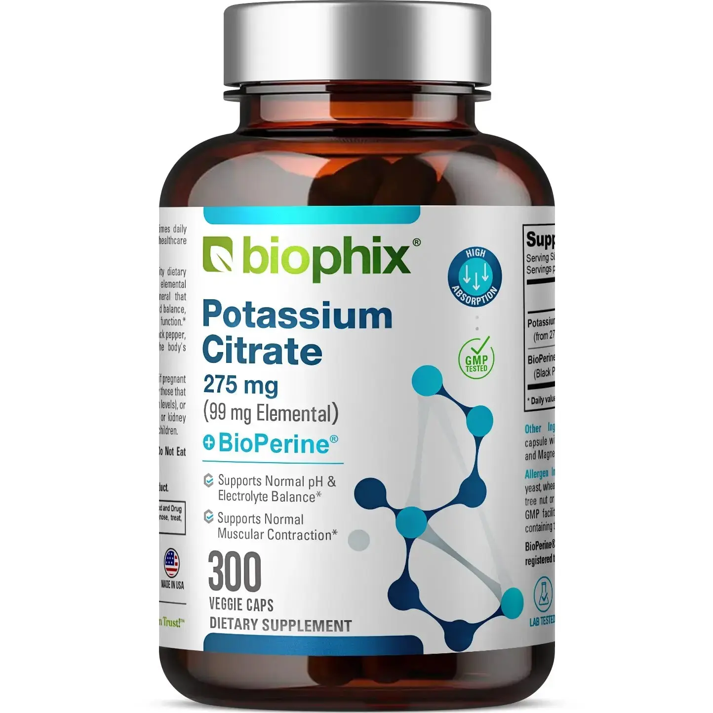 Biophix Potassium Citrate 275 mg with BioPerine 300 Veggie Capsules for Healthy Nerve & Muscle Function Gluten-Free Non-GMO US Manufactured - Healthcare