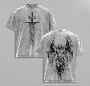 Saint Michael The Archangel x Flaming Sword T-Shirt Washed Christian Shirt with Scales of Justice & Jesus Tees for Church Outfits and Aesthetic Clothes