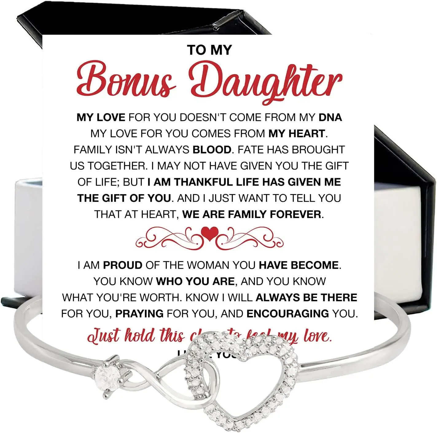 To My Bonus Daughter Bracelet – Elegant Infinity Symbol Jewelry with Heartfelt Message Card, Meaningful Gift from Stepmom or Dad, Perfect for Stepdaughter Birthday, Christmas, Graduation, or Wedding Keepsake Present