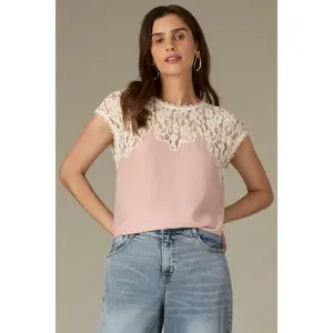 Extended Cap Sleeve Round Neck Lace Yoke Petite Woven Tank Top