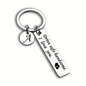 1pc 26 Letters Lightweight Keychain Pendant Stainless Steel Personalized Long Driving Safety Keychain for Couple Husband Father Birthday Valentine'S Day Gift