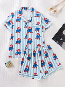 Women's Blue Striped Cute Cartoon Bear Pajama Set, Premium Silk Satin Fabric, Comfortable Loose Fit, Short Sleeve Top and Shorts
