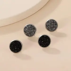 2 Pairs Set Of Black Round Stud Earrings Alloy Jewelry Elegant Punk Style Delicate Female Gift