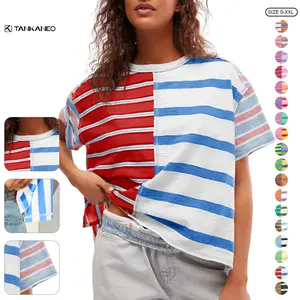 Tankaneo Womens Summer Striped Shirts Casual Color Block Short Sleeve Tops Loose Fit Crew Neck Tees