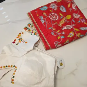 Orange Falling Rawsilk Saree with all over  kalamkari pattern in parrots theme with Beautiful Blouse