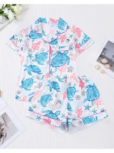 2pcs Turtle & Sea Element Animal Printed Loungewear Pajama Pattern Set Pjs For Women, Short Sleeve Shirt With Lapel & Button, And Loose Elastic Shorts, Suitable For Festivals, Parties, Casual Outdoor & Indoor Wear, All Season Nightwear