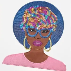 Patch Party Club, 1-pc, Sparkling Black Girl Power: "Lady in Pink Fur Top, Rainbow Hair" Sequins and Satin Embroidered Patch, Size 6" Patch, 1-pc Iron-on Appliqué Accessories Mask Set
