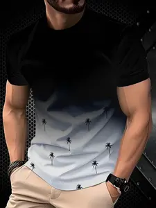 Men's 3D Printed Gradient Tree HD Pattern T-Shirt, Casual Short Sleeve Summer Tropical Outdoor Clothing, Fitted Long Top