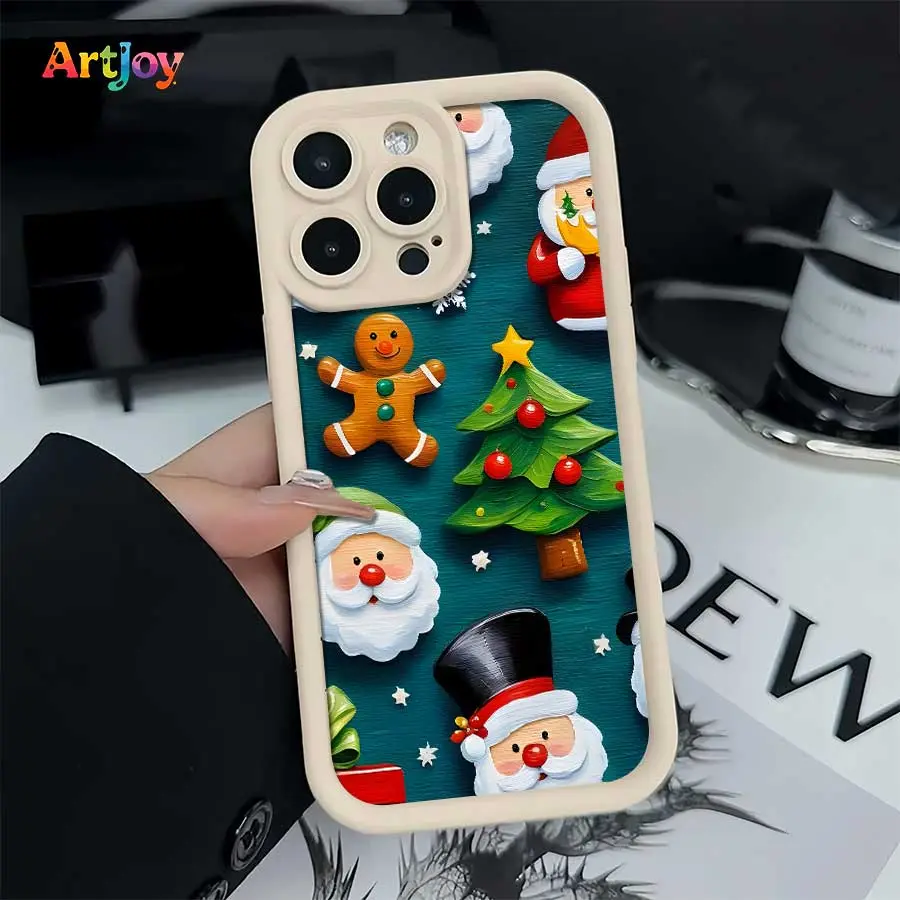 Shockproof HD Print Phone Case for Multiple iPhones - Oil Painting Style Santa, Gingerbread Man, Christmas Tree Illustration, Vintage Whimsical Festive, Ideal Holiday Gift (Fits iPhone 17 Pro Max,16,16 Plus,15,14,13,12)