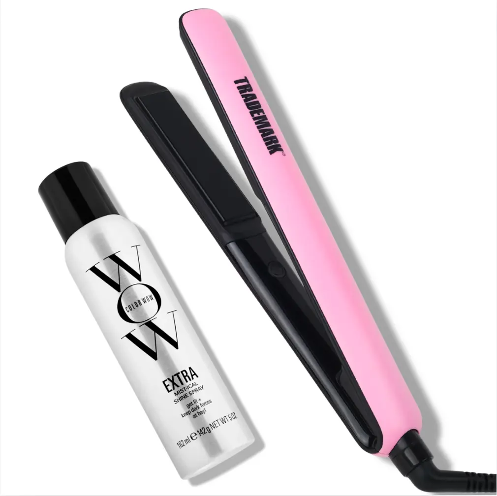 Trademark Cosmic Flat Iron & Extra Shine Spray for Sleek Styles, Heat Protectant, Bundle - Pink