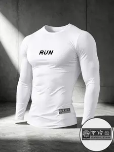Men's Running Sports T-Shirt, Round Neck Run Letter Design, Long Sleeve, Suitable for Basketball, Outdoor Activities, Daily Commute