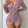 Women's Leopard Print Letter Long Sleeve Button Skinny Jumpsuit, Comfortable Elegant Four-Season Sleepwear, Sexy Slim-Fitting Design