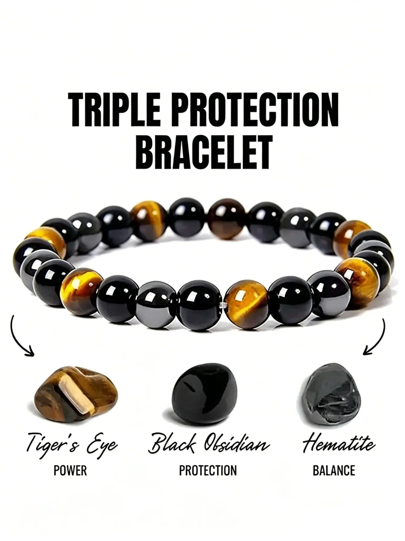 Obsidian Hematite Triple Protection Bracelet, Tiger Eye Beaded, Natural Stone, Unique Crystals, Fashionable Multifunctional, Unisex, Gift for Friends, Crystal Bracelets, Tigers Eye