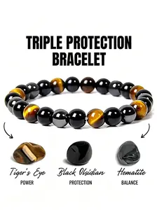 Obsidian Hematite Triple Protection Bracelet, Tiger Eye Beaded, Natural Stone, Unique Crystals, Fashionable Multifunctional, Unisex, Gift for Friends, Crystal Bracelets, Tigers Eye