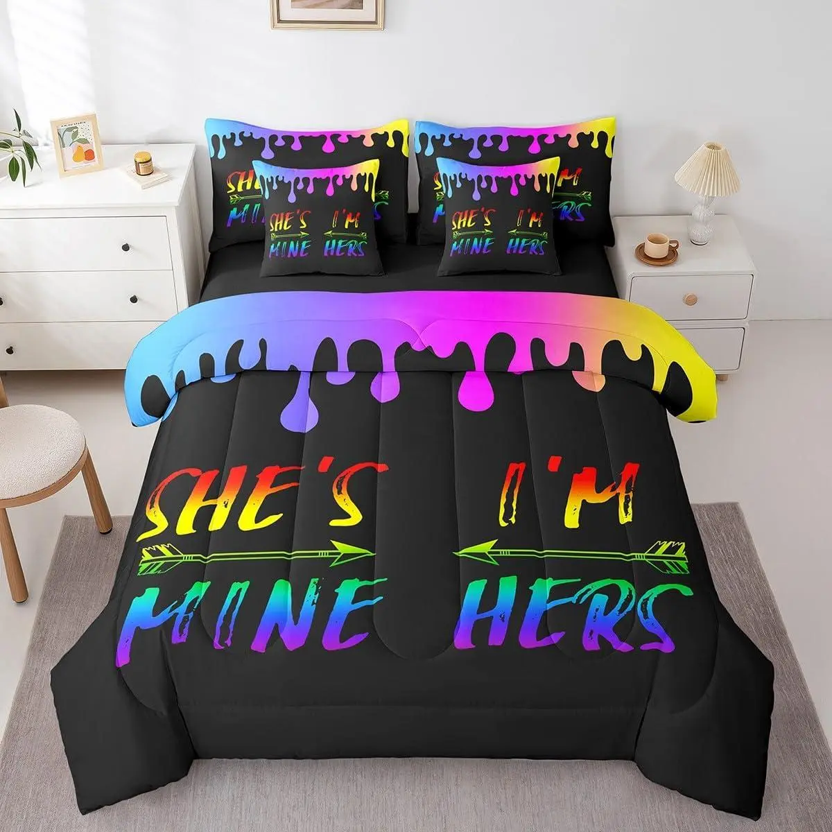 and Bed Set,Mr and Mrs Rainbow Bed in a Bag You and Me 7 Piece Bedding Set Lovers Couple Couple Lover Bed Set Includes Comforter,Sheet Set,Pillowcases & Pillow Covers