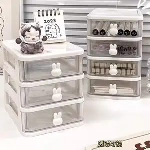 Transparent Cartoon Desktop Storage Box, Small Drawer Plastic Desk Organizer, Mini Rabbit Stationery Holder, Office Supplies