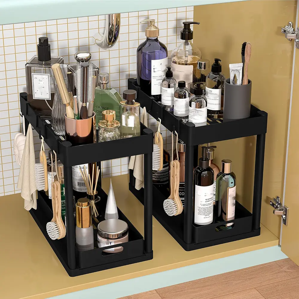 Under Sink Organizer 2 Pack, Bathroom Cabinet Organizer, 2 Tier Sliding Cabinet Basket Organizer Drawer, Multi-Purpose Bath Collection Baskets for Bathroom