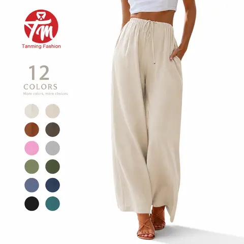 Tanming Womens Palazzo Cotton Linen Pants Casual Drawstring High Waisted Wide Leg Flowy Trousers with Pockets Loose Fit Beach Lounge Pants for Spring Summer Fall