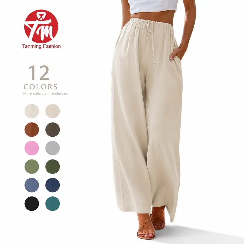 Tanming Womens Palazzo Cotton Linen Pants Casual Drawstring High Waisted Wide Leg Flowy Trousers with Pockets Loose Fit Beach Lounge Pants for Spring Summer Fall