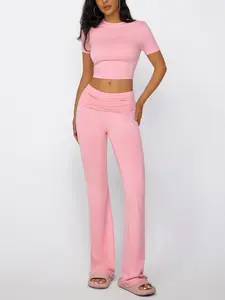 Two-piece Set Women's Solid Round Neck Cropped Tee & Flare Leg Pants, Casual Short Sleeve Top & Bell Bottom Trousers for Daily Wear, Ladies Summer Clothes, Summer 2 Piece Set