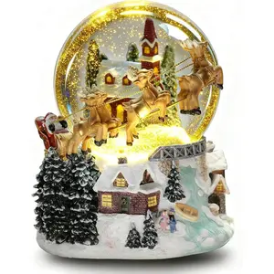 7'' H Light Up Musical Christmas Snow Globe Resin Santa Sleigh Reindeer Snowflakes Water Globe Decoration Gift for Christmas Indoor Holiday Decor