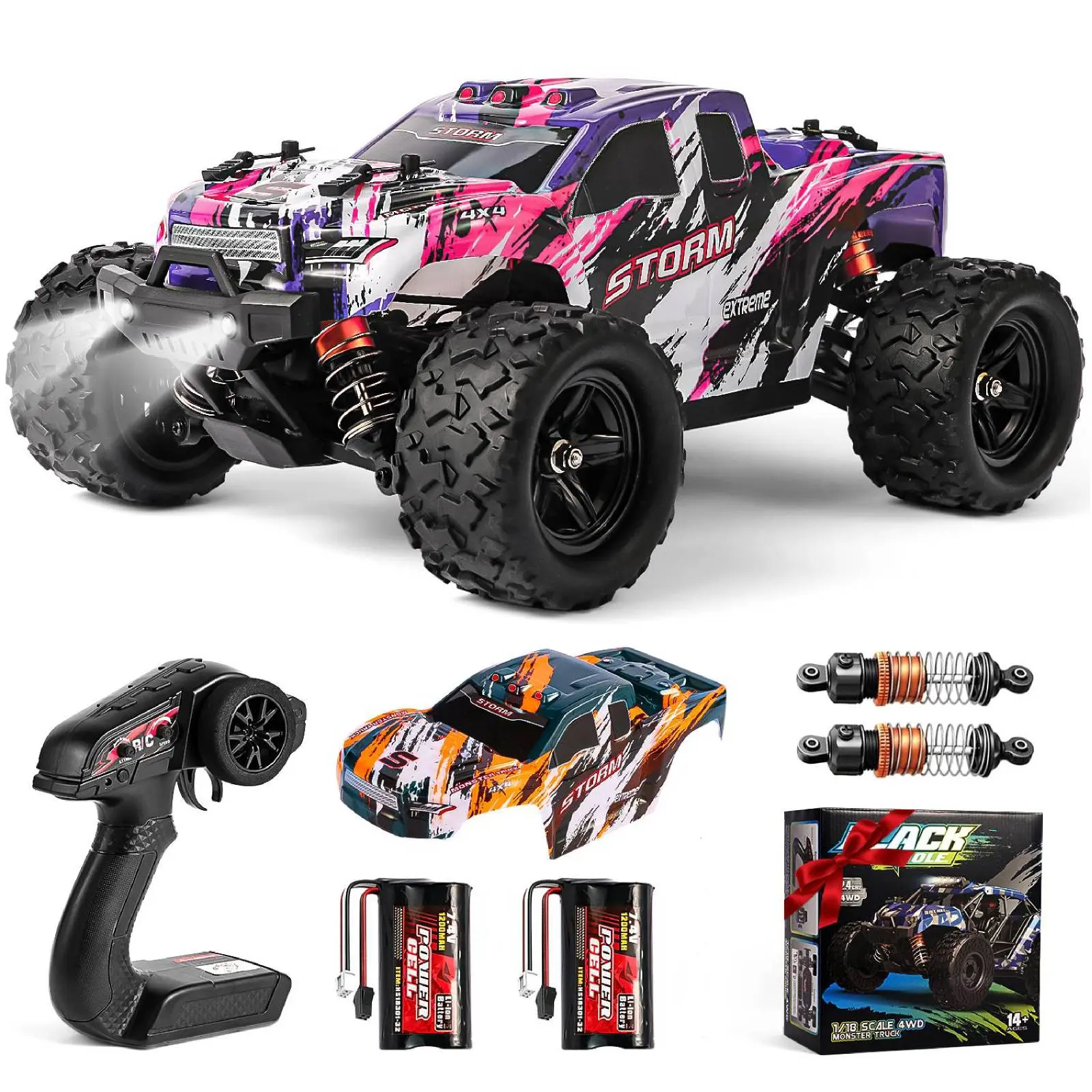 1:18 Scale RC Cars for Adults, 40KM/H Fast RC Cars 2.4Ghz Remote Control Car, 4X4 Off-Road Waterproof Monster RC Truck, Remote Control Truck with 2 Shells and 2 Rechargeable Batteries