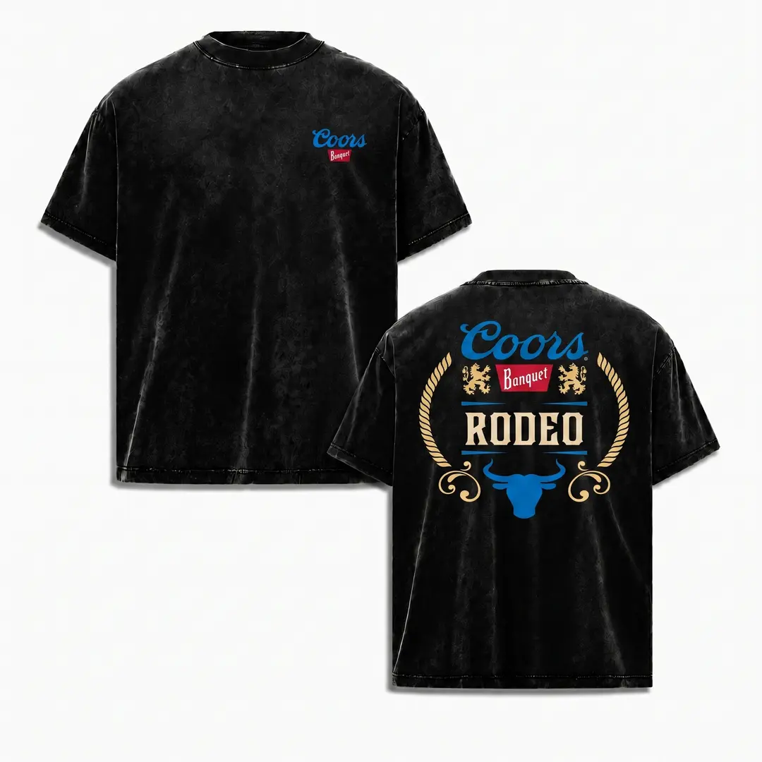 Rodeo Bull Badge Unisex Streetwear Tee, Blue Western Bull Head and Rope Back Graphic on Vintage Wash Black T-Shirt, Cowboy Country Style for Rodeo Fans