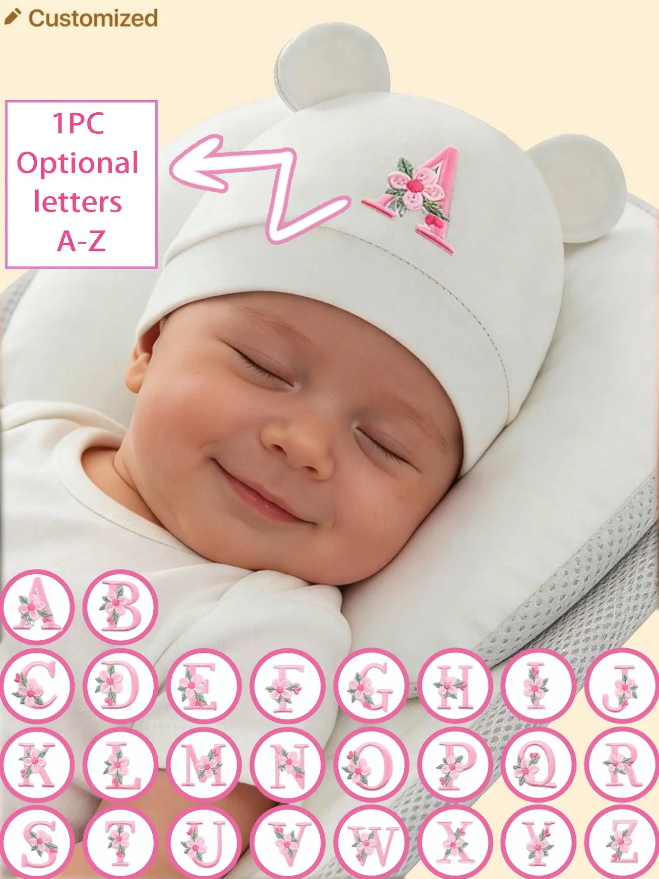 1PC Baby A-Z Letter Newborn Hospital Cap Cartoon Bear Ear Newborn Baby Hat Soft Boy Girl Hats Beanie Solid Color Cap Bonnet Newborn Photography 0-3M