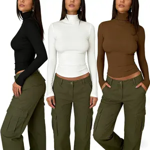 Women’s 3-Pack Slim-Fit Y2K Korean Tops - Breathable Cotton Blend Crewneck & Turtleneck, Assorted Color Layering Pieces Ideal for Daily Casual & Dates