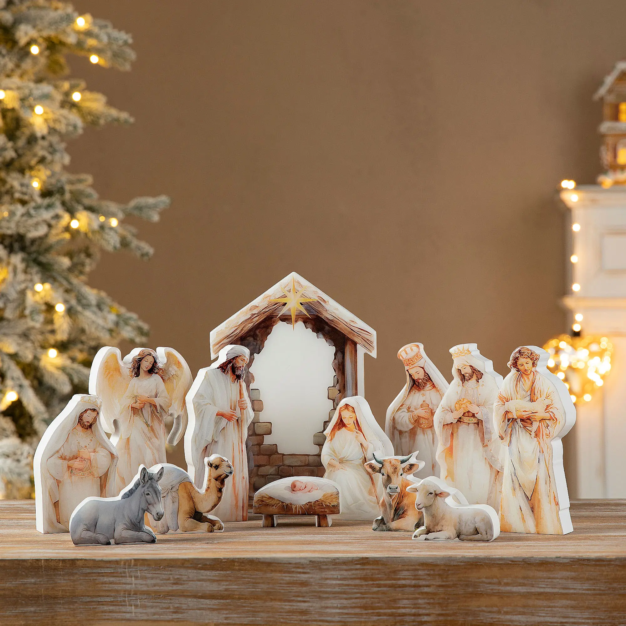 【Christmas in July】 Glitzhome 13pcs Christmas Wooden & Epoxy Resin Nativity Figurine Set
