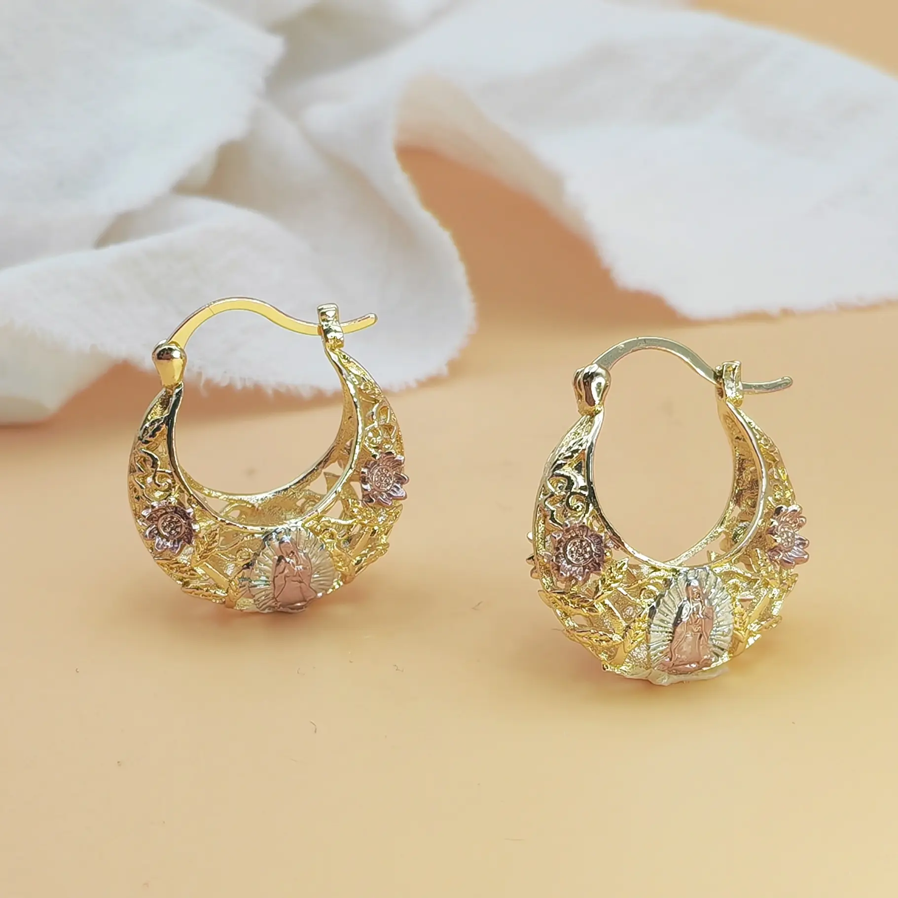 Our Lady of Guadalupe Filigree Hoop Earrings Tri Color Gold Plated Virgin Mary Religious Jewelry