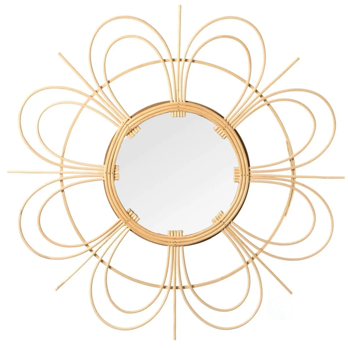 Vintiquewise QI004163 Rattan Weave Flower-Shape Round Modern Hanging Wall Mirror with J-Hook, Coastal Style Wall-Mount Decor, 24x24 in (24' w x 24' d x 2' h), Living Space Bohemian Charm Accent