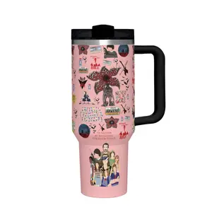 1 Pink Travel Mug with "Stranger Things" Inspired Design, Featuring Characters and Iconic Symbols, Double-Wall Insulated Stainless Steel Construction with Black Lid and Handle.
