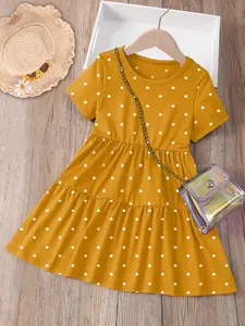 Cute Vintage Polka Dot Round Neck Cake Dress Summer Beachwear for Young Girls, Loose-Fitting Short Sleeve A-Line Dress