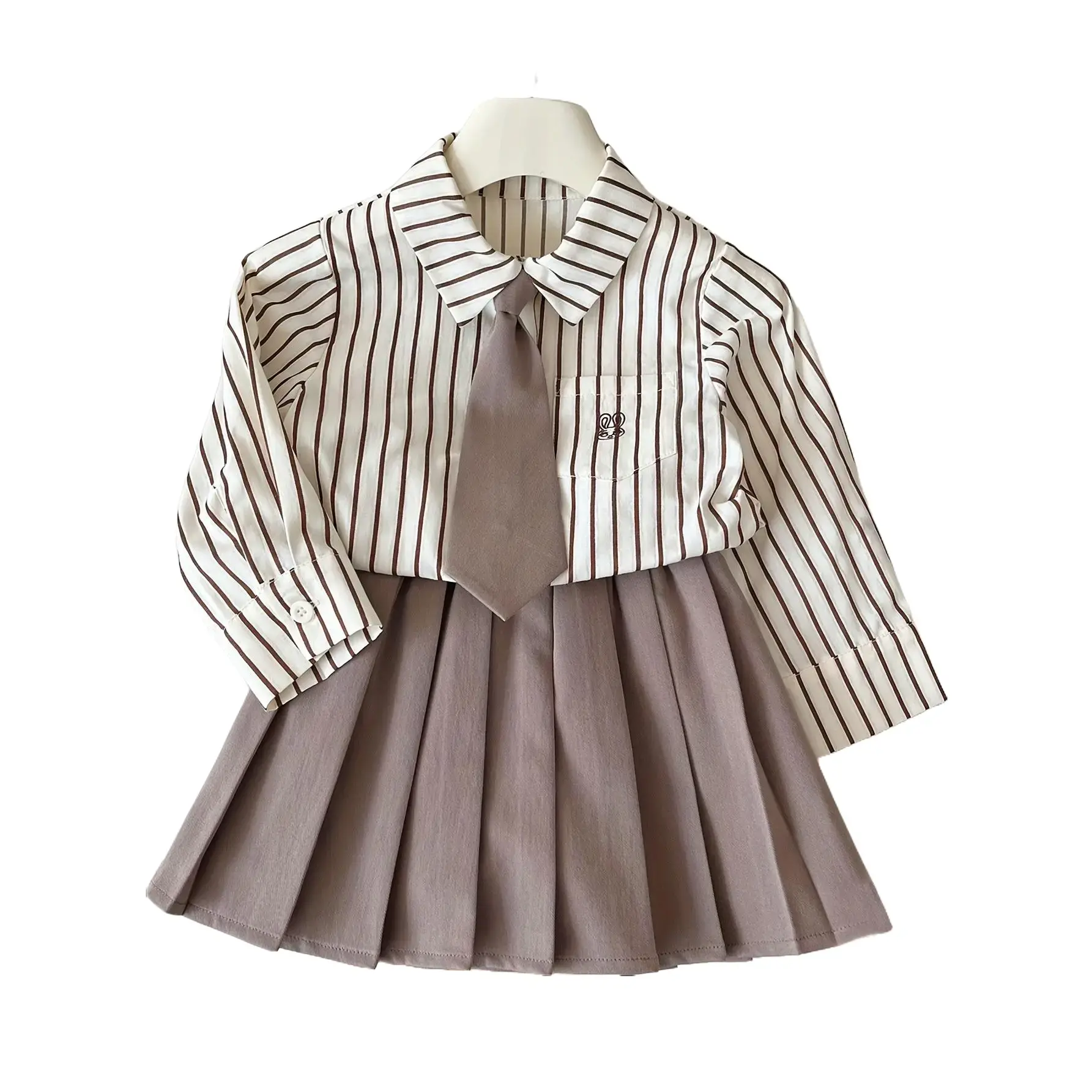 Toddlers' New Autumn 2-Piece Preppy College Style Outfit - Polyester Striped Shirt & Pleated Skirt Set, Regular Cut, Model YF67309, for 3-4y/4-5y Outdoor Use, Preppy Look