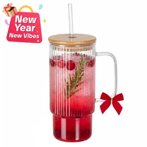 32oz Ribbed Glass Cup with Handle Bamboo Lid and Straw, Borosilicate Glass Tumbler, Iced Coffee Cups Hot/Cold Drinks