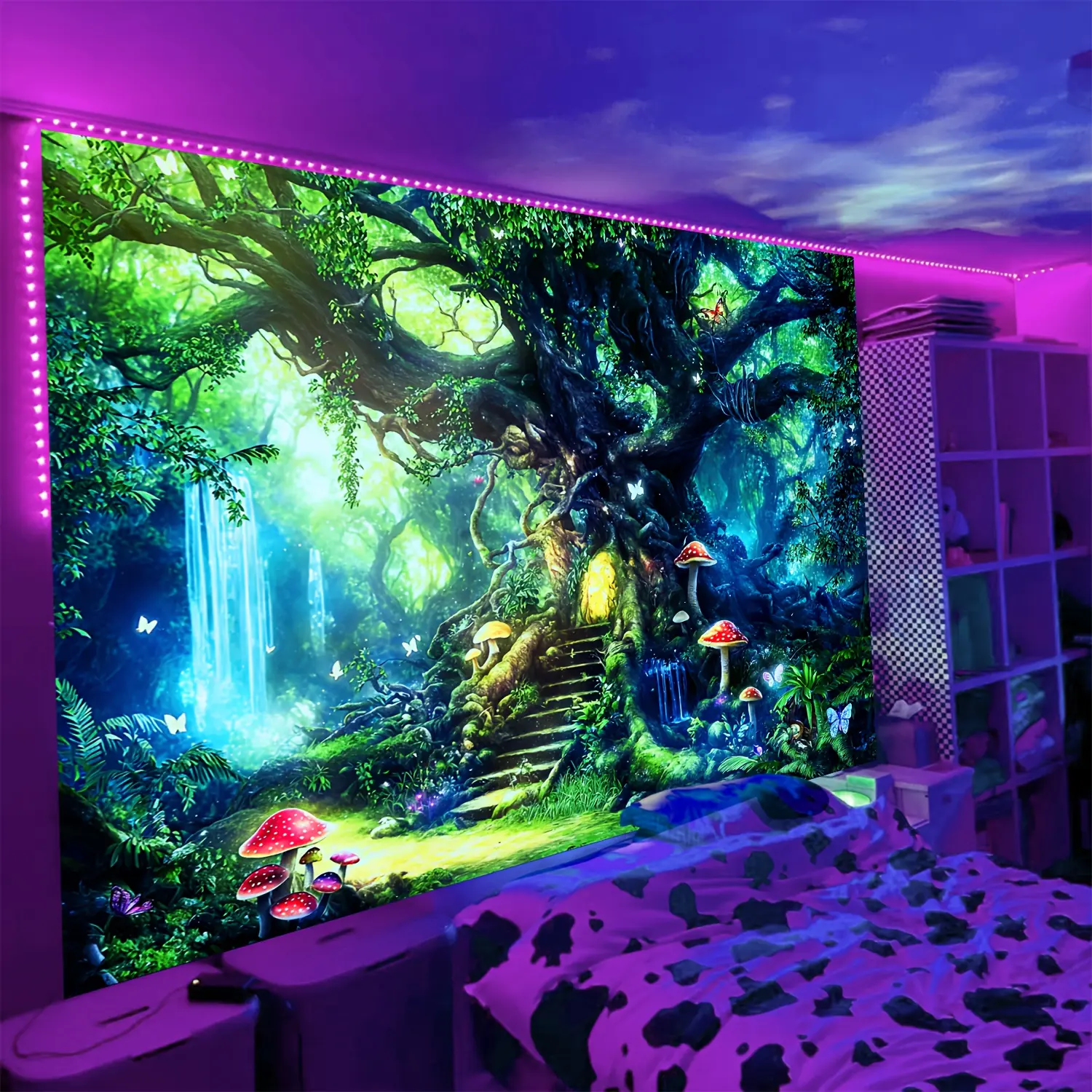 1-Piece Magic Forest Tree Mushroom Glowing Tapestry - Large Fluorescent Woven Polyester Home Decor Wall Hanging, Horizontal, No Installation Required, for Living Room, Indoor Use