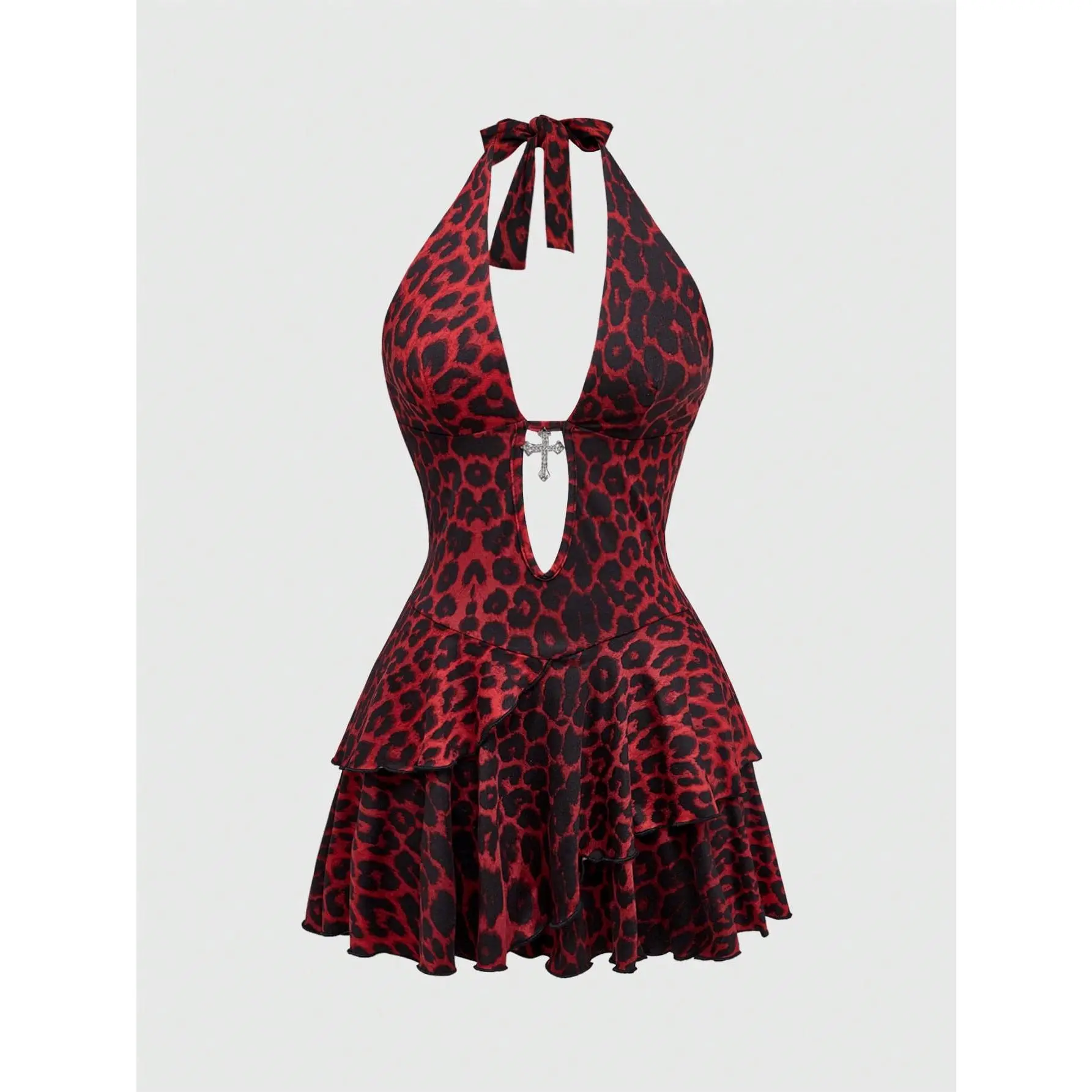 Women's Plus Size Leopard Print Halter Dress Y2k Gothic Deep V Cheetah Tie Backless Layered Ruffle Mini Dresses