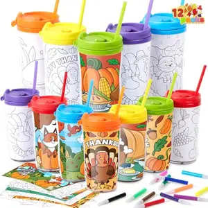 12 Pcs Thanksgiving Coloring Cup, Plastic Cups, Arts and Crafts, Plastic Party Cups, Thanksgiving Crafts for Kids, Classroom Exchange Gift Prizes