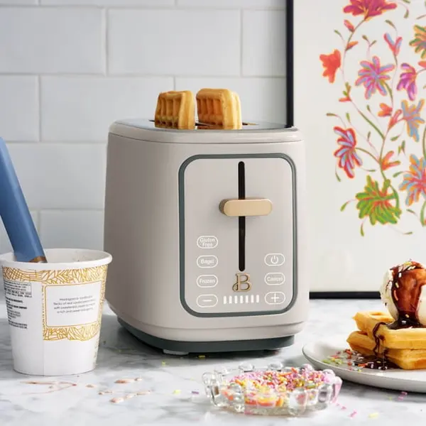 Drew Barrymore 2-Slice Kitchen Toaster, Porcini Taupe, Touch-Activated Display, Electric Household Sandwich Toaster Appliance